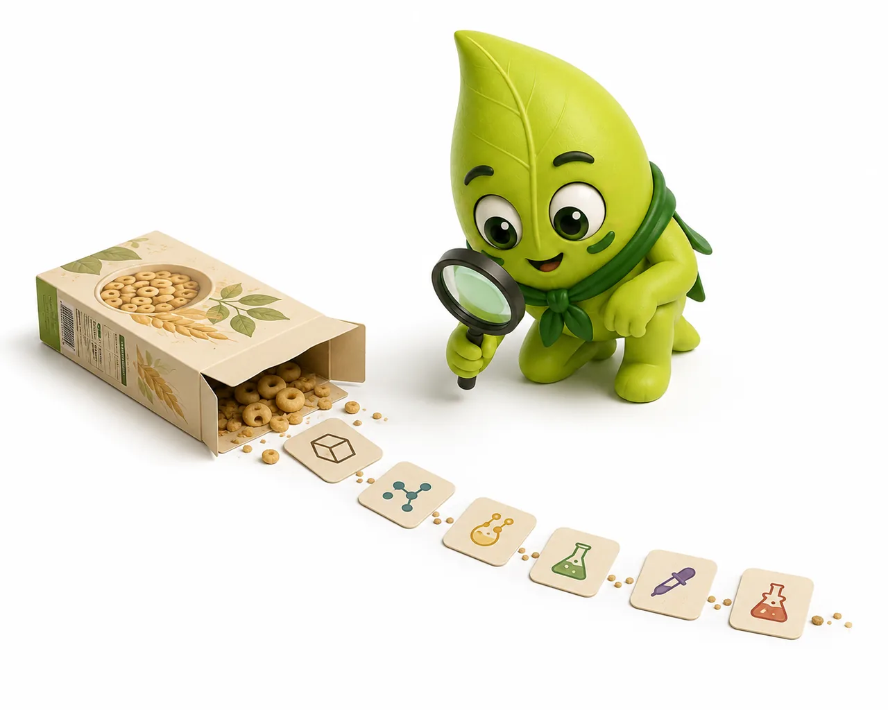 לומו עוקב עם זכוכית מגדלת אחר שובל הרכיבים שיוצא מקופסת דגני בוקר, בודק מה באמת בפנים במקום לסמוך על התווית